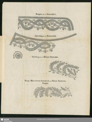 Kragen für die Generalität. Aufschlag für die Generalität. Knopf der Generalsuniformen. Aufschlag für die Königl. Adjutantur. Kriegs-Ministerium, Generalstab und Königl. Adjutantur. Kragen