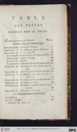 Table des pieces contenues dans ce volume