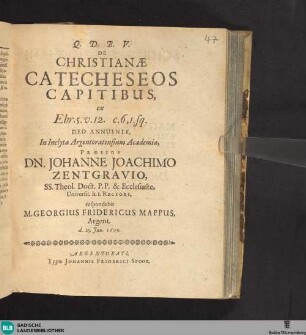 De Christianae catecheseos capitibus : ex Ebr. 5, v. 12, c. 6,1 sq.