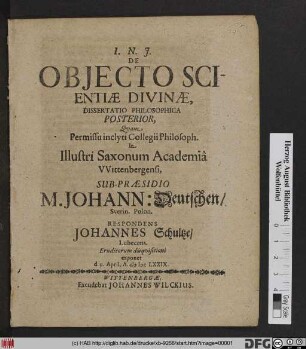 De Objecto Scientiae Divinae, Dissertatio Philosophica Posterior
