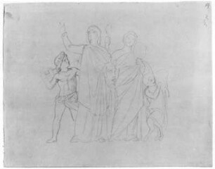Skizze zum Nordgiebel : Rietschel, Ernst. Nordgiebel des Berliner Opernhauses: "Die Musik zwischen Ballett und Oper". Skizze zum Nordgiebel. Bleistift auf elfenbeinfarbenem Velin; 24,3 x 30,9 cm. Herbst 1843/Frühling 1844. Privatbesitz. WVZ 289
