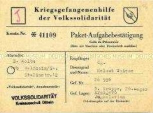 Bescheinigung über die Beteiligung an der "Kriegsgefangenenhilfe der Volkssolidarität"