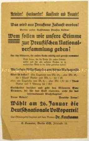 Wahlaufruf der Deutschnationalen Volkspartei zur preußischen Landesversammlung 1919