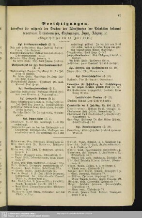 Berichtigungen, betreffend die während des Druckes des Adreßbuches der Redaktion bekannt gewordenen Veränderungen, Ergänzungen, Zuzug, Abgang u.
