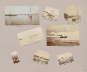 links oben: Segelyacht Mitte oben: Segelboot rechts oben: Kadettensegelboote Mitte links: Hafenansicht Mitte rechts: Handelsdampfer links unten: Krahnen Mitte unten: S. M. S. Friedrich Karl rechts unten: S. M. S. Niobe