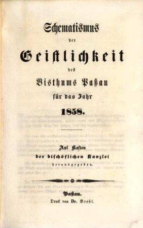 Schematismus des Bistums Passau. 1858, 1858