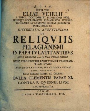 Disp. Augustiniana de reliquiis Pelagianismi in papismo latitantibus