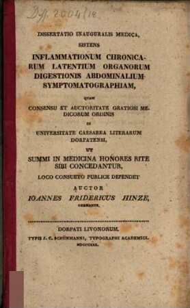 Diss. inaug. med. sistens inflamationum chronicarum latentium organorum digestionis abdominalium symptomatographia