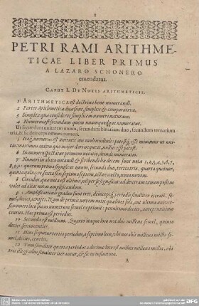 Petri Rami Arithmeticae Liber Primus A Lazaro Schoneri emendatus.