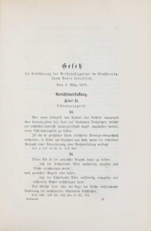 Gesetz, die Einführung der Reichsjustizgesetze im Großherzogthum Baden betreffend. Vom 3. März 1879