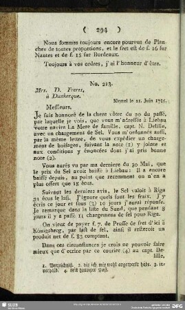 No. 213. Mrs. D. Freres, à Dunkerque. Memel le 11. Juin 1785