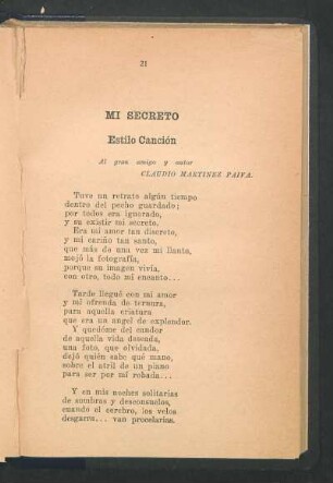 Mi Secreto : Estilo Canción. - Al gran amigo y autor Claudio Martínez Paiva.