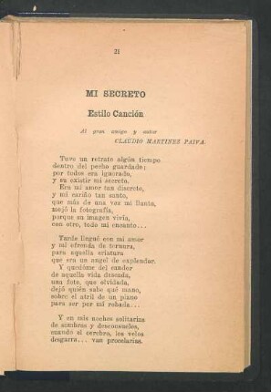 Mi Secreto : Estilo Canción. - Al gran amigo y autor Claudio Martínez Paiva.
