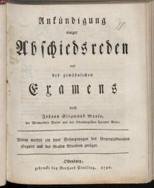 Ankündigung einiger Abschiedsreden und des gewöhnlichen Examens ... : Voran werden ein paar Behauptungen des Generaladvocaten Seguier und des Grafen Mirabeau gerüget