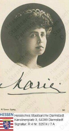 Maria Königin v. Rumänien geb. Prinzessin v. Sachsen-Coburg-Gotha (1875-1938) / Porträt, in Medaillon, Kopfbild, mit faks. Unterschrift