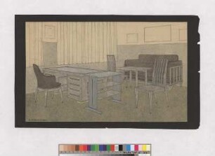 Entwurf "Direktorenzimmer" : Blick in ein Direktorenzimmer mit Schreibtisch, Stühlen, Beistellregal, Tisch, Sofa, Vorhänge, Wandbilder, signiert