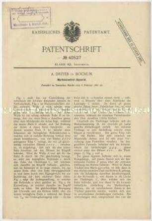 Patentschrift eines Markenkontorll-Apparates, Patent-Nr. 40527