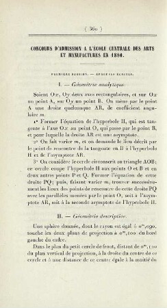 Concours d'admission a l'école centrale des arts et manufactures en 1880.