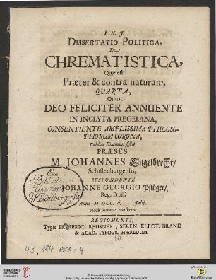 Band 4: Dissertatio Politica, De Chrematistica: Quae est Praeter & contra naturam, ...