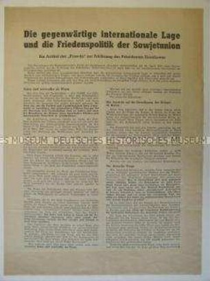 Sonderdruck mit Artikel der "Prawda" über eine Erklärung Eisenhowers zur internationalen Lage