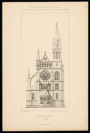 Dreischiffige Kirche: Westseite (aus: C. Schäfer, Die Bauhütte, Entwürfe im Stile des Mittelalters, 1. Bd., 1883, Tafel 11)