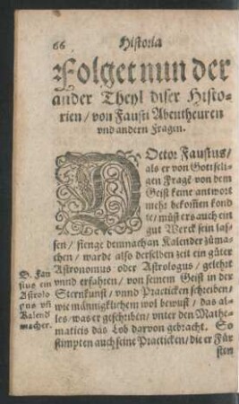 Folget nun der ander Theyl diser Historien/ von Fausti Abentheuren und andern Fragen.