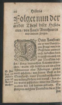 Folget nun der ander Theyl diser Historien/ von Fausti Abentheuren und andern Fragen.