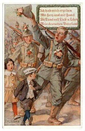 Kriegspostkarte Nr. 91, "Ich hab mich ergeben mit Herz und mit Hand, ... (Truppenauszug)
