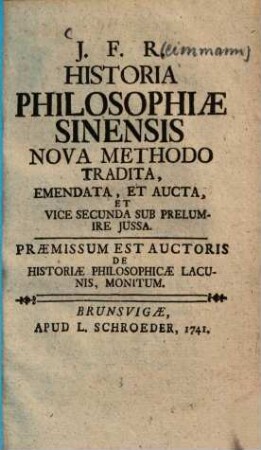 Historia philosophiae Sinensis : nova methodo tradita