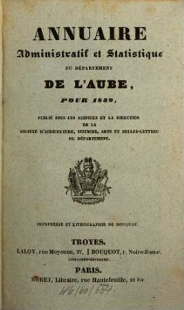 Annuaire administratif, statistique et commercial du Département de l'Aube : pour ... 1839