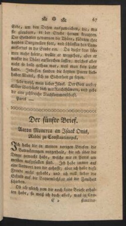 Der fünfte Brief. Aaron Monceca an Isaak Onis, Rabbi zu Constantinopel