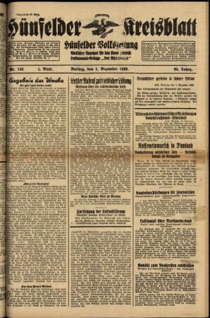 Erste Ausgabe vom Freitag, den 01. Dezember 1939.