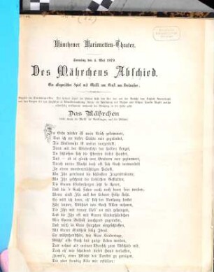 Münchener Marionetten-Theater. Sonntag den 4. Mai 1879. Des Mährchens Abschied : ein allegorisches Spiel mit Musik
