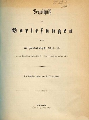 Verzeichnis der Vorlesungen der Universität zu Greifswald. 1884/85 WH