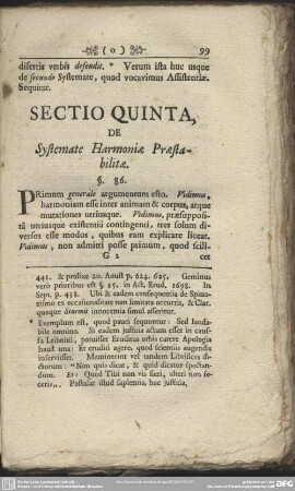 Sectio Quinta, De Systemate Harmoniae Praestabilitae