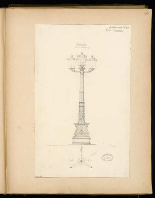Gusseiserner Kandelaber Monatskonkurrenz Februar 1877: Grundriss, Ansicht; Maßstabsleiste