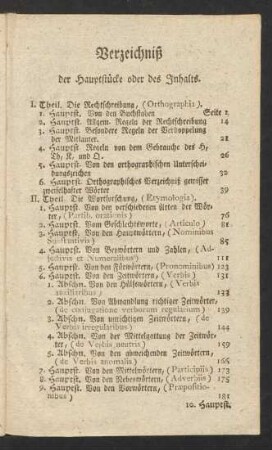 Verzeichniß der Hauptstücke oder des Inhalts.