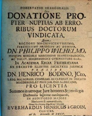 Dissertatio Inauguralis De Donatione Propter Nuptias Ab Erroribus Doctorum Vindicata