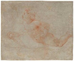 Nach links schwebender Amorknabe und ein weiterer Putto (recto; Vorzeichnung für ein Fresko in Rom, Villa Farnesina, Loggia von Amor und Psyche))