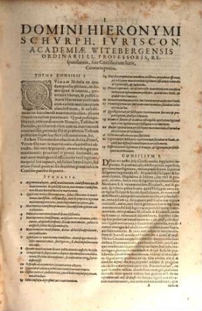Consiliorvm Sev Responsorvm Ivris, D. Hieronymi Schurpf, ... Centvria ... : Addita Singulis Consiliis Themata Et Summaria: Cum Indice ..., 1