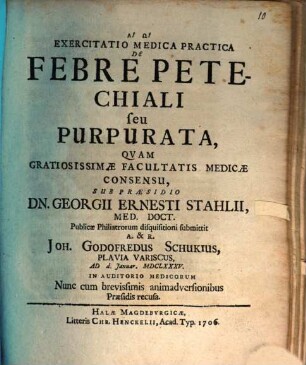 Exercitatio med. pract. de febre petechiali seu purpurata