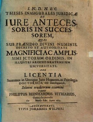 Theses Inaugurales Juridicæ De Iure Antecessoris In Successorem