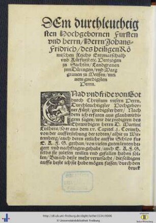 Dem durchleuchtigsten Hochgebornen Fursten und hern, Herrn Johans-Fridrich […] Hertzogen zu Sachsen …