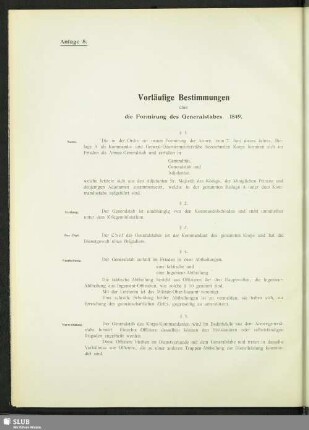 Anlage 8. Vorläufige Bestimmungen über die Formirung des Generalstabes. 1849