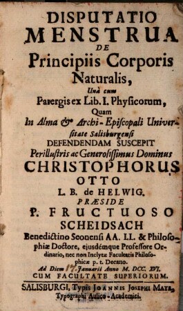 Disputatio Menstrua De Principiis Corporis Naturalis, Una cum Parergis ex Lib. I. Physicorum