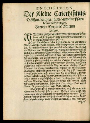 Enchiridion Der Kleine Catechismus/ D. Mart. Lutheri/ für die gemeine Pfarrherrn und Prediger.