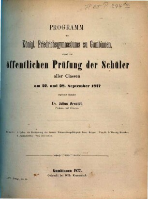 Programm des Königl. Friedrichsgymnasiums zu Gumbinnen : für das Schuljahr ... 1876/77