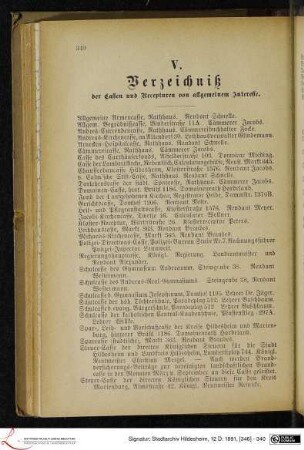 V. Verzeichniß der Cassen und Recepturen von allgemeinem Interesse.