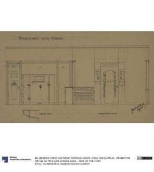 Darmstadt, Wohnhaus Olbrich, erstes Obergeschoss, Schlafzimmer, Aufrisse der Nord uund Ostwand sowie Schrankgrundriss