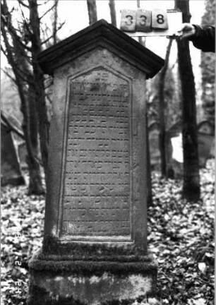 Grabstein 338 (Index: 99752534) Material: Sandstein Zustand: leicht abgeblättert/verwittert Maße HxBxT: 149x47x17 cm Beschreibung: konische Stele, profiliert. Sockel, giebelart. Abschl. m. Verdachung, Schrift eingetief: Grabstein 338